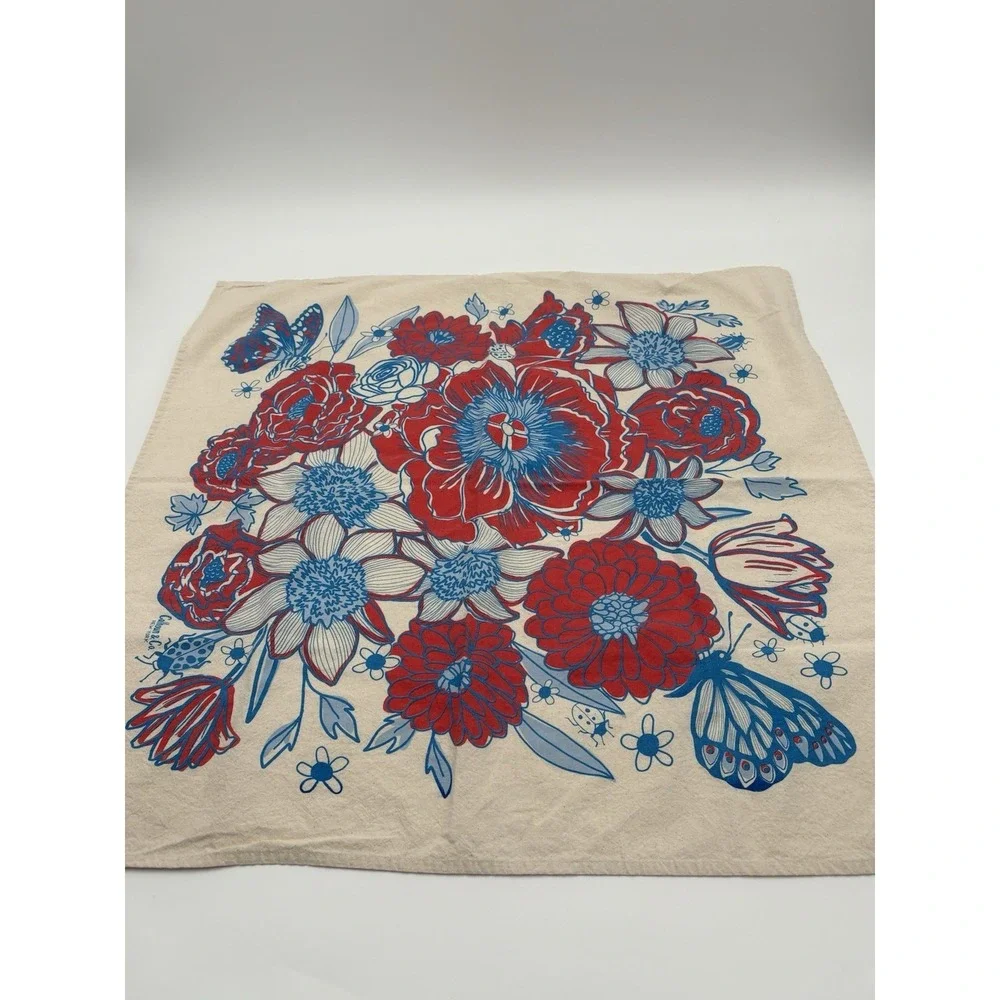 Calhoun & Co Floral Tea Towel Red Blue Butterfly Anthropologie Cottagecore 27x26